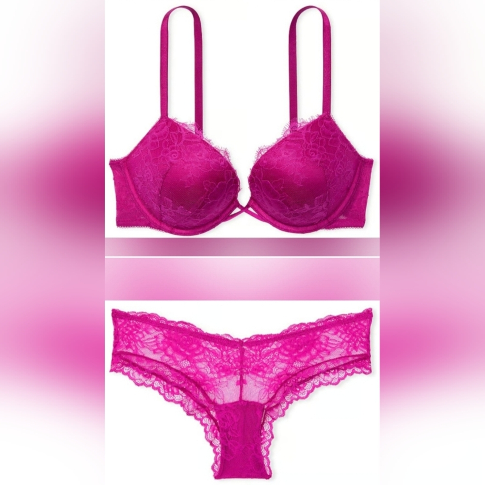 34D/L VS Rose Lace Bombshell PushUp Bra Rose Lace High Leg Cheeky Panty Set